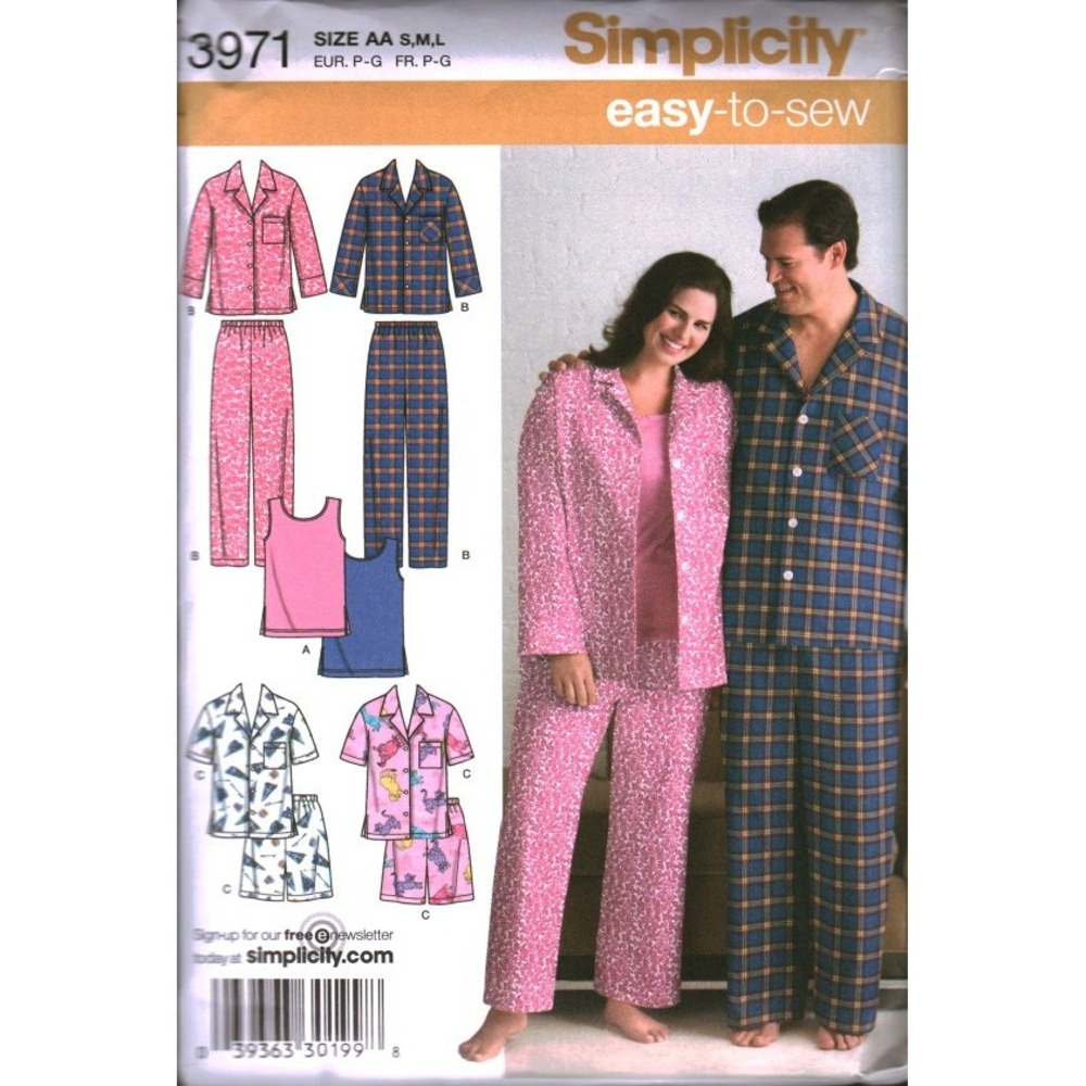 Simplicity 3971 Pajamas Sewing Pattern Mens Womens Sleepwear Tank Top Sz S M L